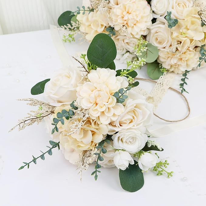 Boho Bridesmaid Bouquets for Wedding, 9 Inch Artificial Flowers Bouquets for Ceremony Anniversary Centerpieces Decorations, Roses - Beige