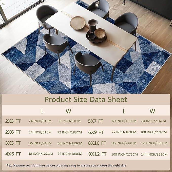 9x12 Navy Blue Area Rug Modern Geometric Blue White Beige Bedroom Rug Soft Low Pile Thin Large Carpet Living Room Non Slip Dining Room Stain Resistant Office Washable Machine