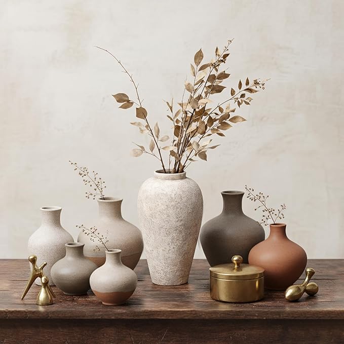Ceramic Flower Vase Home Decor - 9.2 inch Large Farmhouse Table Vases, Rustic Decorative Vases for Kitchen Living Room Coffee Dining ShelfMantel Decoration