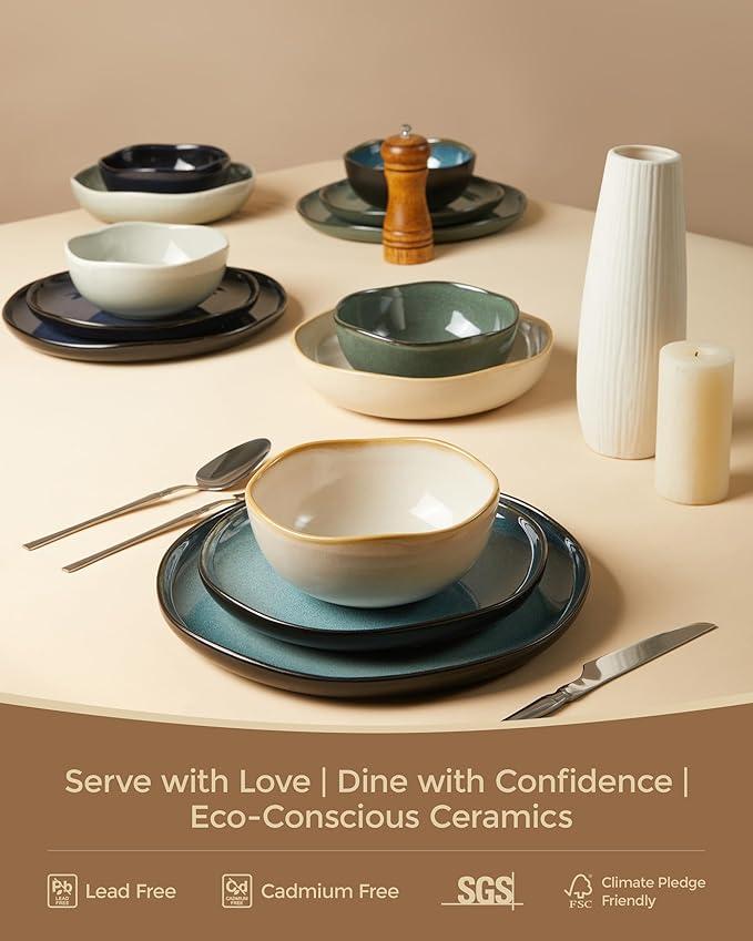 Pokini Plates and Bowls Sets for Family of 6, Ceramic Dinnerware Sets, Kitchen Dish Set, Microwave & Dishwasher Safe Dishware, Highly Durable Reactive Glazed Dinner Set, Yellow White