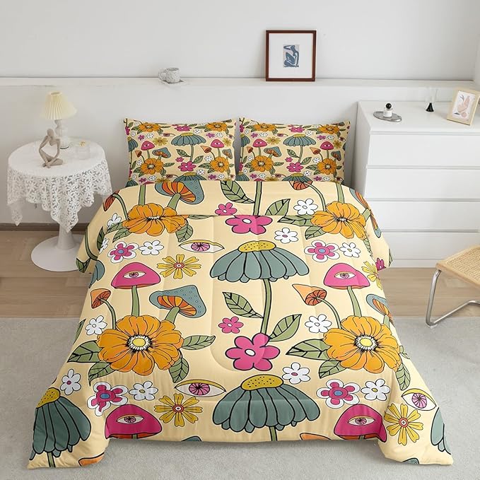 Castle Fairy 70s Retro Floral Bedding Comforters King Size,Hippie Flowers Leaves Comforter Set for Children Xmas Gift,Cartoon Eyes Mushroom Quilt Set Bedroom Decor, 2 Pillowcases