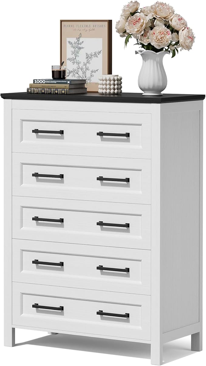 JUMMICO White Dresser Tall for Bedroom,Wooden 5 Drawer Dresser for Nursery,Chest of Drawers for Bedroom, Closet Storage Organizer for Living Room, Hallway, Closet (Black&White)