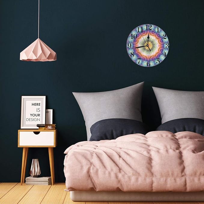 Mandala Wall Clock Battery Operated Silent Non Ticking Round Clock Bohemian Peacock Feathers Wall Decor for Home, Office, School 9.8 Inch