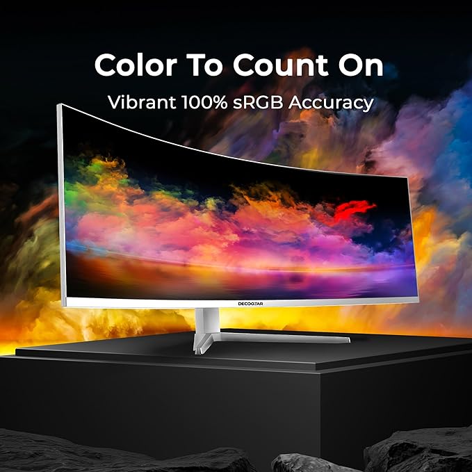 Deco Gear 49" Curved Ultrawide 5K Gaming Monitor, 32:9, 120 Hz, 101% NTSC 100% sRGB, USB-C 65W, Adjustable, Home Office and Entertainment Workstation - Exclusive White Edition