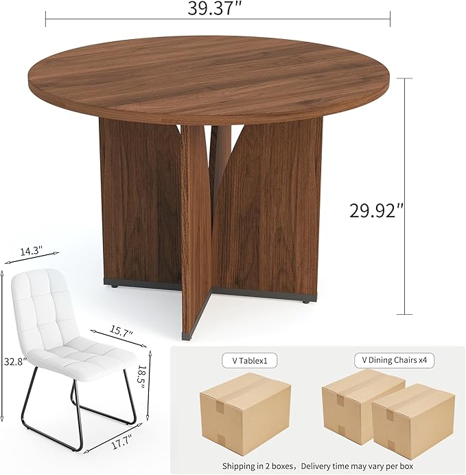 HIPIHOM Modern Round Dining Table Set for 4, 39.4" Walnut Kitchen Table with 4 PU Leather Chairs, 5-Piece Mid-Century Dining Room Set for Small Spaces, Pedestal Base