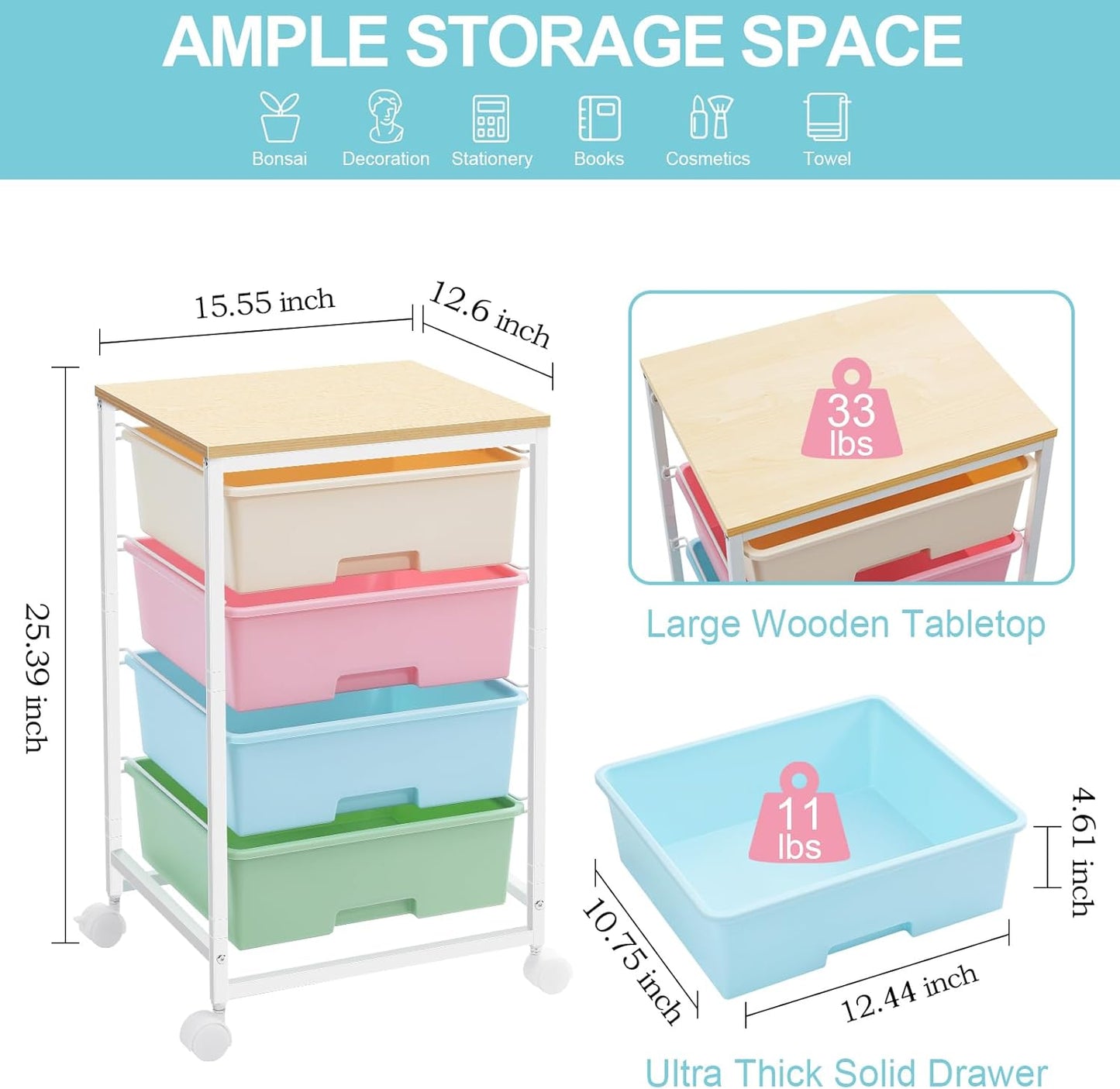 Skiennix Utility Cart - Rolling Storage Cart with 4 Drawers | Colorful Rainbow Design