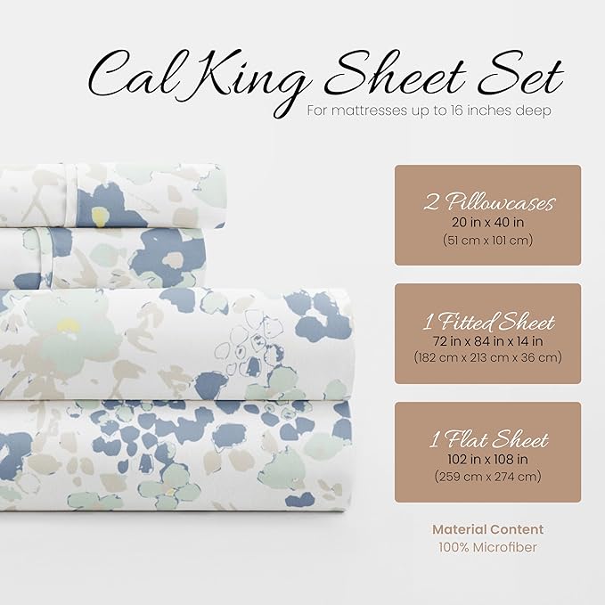 Linen Market Double-Brushed Patterned Microfiber California King Sheet Set 4 Piece – Oeko-TEX Certified Ultra Soft & Wrinkle-Free - 16" Deep Pocket Sheets Easy Care Cal-King Size - Violets Light Blue
