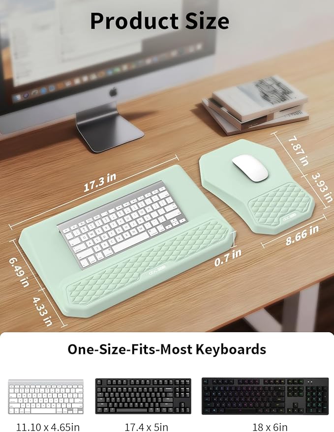3-in-1 Ergonomic Keyboard Stand with Wrist Rest & Mouse Pad Set, Comfy Keyboard Riser Holder Soft Mousepad with Massage Design, Memory Foam and Non-Slip PU Base for Pain Relief, Light Green