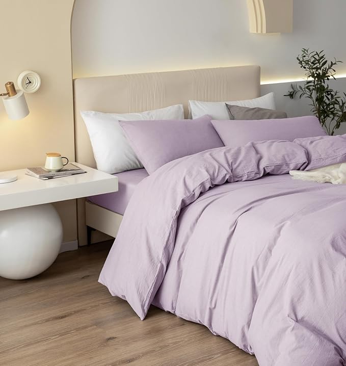 JIYUAN 100% Washed Cotton Duvet Cover Set 3 Pieces King, 1 Duvet Cover 104x90 Inches(Comforter Not Included) and 2 Pillowcases,Linen Like Comfy and Breathable,Heathered Light Purple
