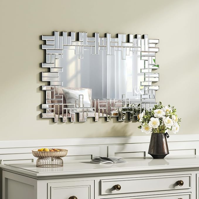 KOHROS Large Decorative Rectangle Mirror for Wall Decor Art Grecian Venetian Mirror (Silver-A, 36" L x 24" W)