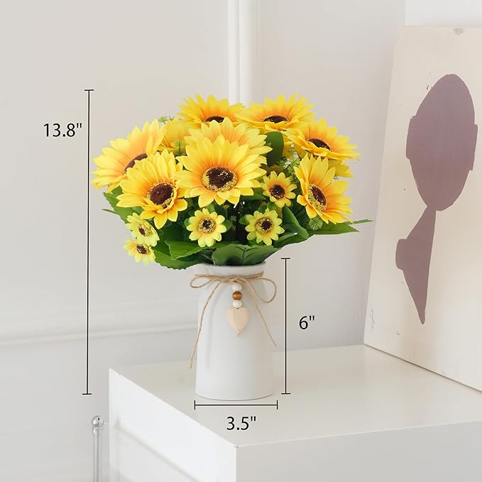 Artificial Sunflower Arrangement in Cream Vase, Silk Fake Flowers in Vase with Jute Rope & Heart Charm, Table Centerpieces for Dining Room, Kitchen and Table Décor