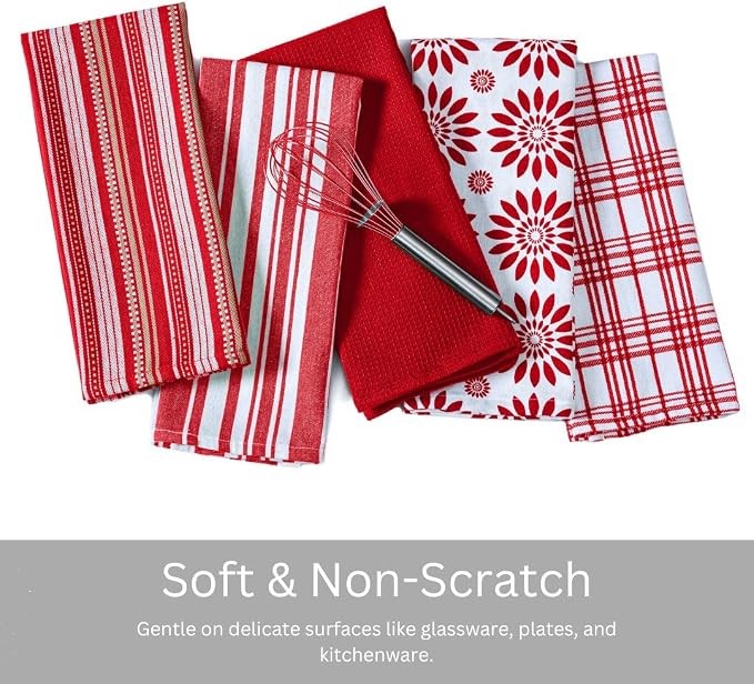 WeWove Assorted Kitchen Towels Set of 5-100% Cotton Dish Cloths Towels with Hanging Loop - Soft Absorbent Washable Reusable for Kitchen Use - Quick Drying 16x26 inch Dish Towels Red