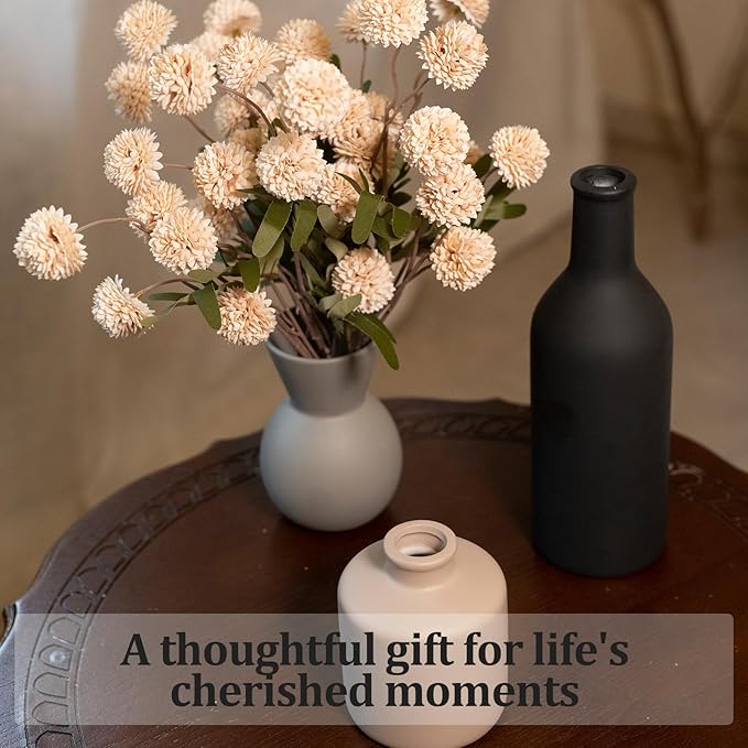 Ceramic Flower Vase Set of 3, Fake Flowers in Vase for Centerpieces with 8 Artificial Autumn Chrysanthemums Artificial Decorative Swags