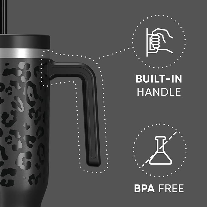 Hydrapeak Voyager 40 Oz Stainless Steel Tumbler with Handle, Insulated Water Bottle With Straw & Lid, Cupholder Friendly Reusable Travel Mug (Black Leopard)