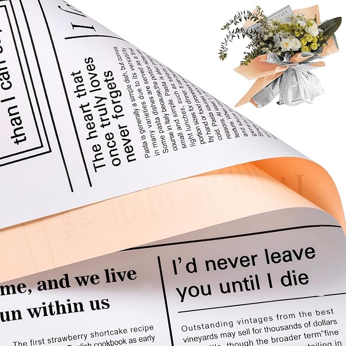 WRAPAHOLIC 20 Sheets Reversible Flower Wrapping Paper - 22 x 22 inch Lettering and Champagne Water-Resistant Floral Bouquet Wrapping Paper, Florist Supplies Packaging Paper for Wedding Gift DIY