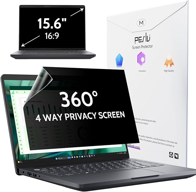 Peslv 360° 4 Way Laptop Privacy Screen for 15.6 Inch 16:9 Aspect Ratio Computer Monitor, Anti Glare Blue Light Spy Filter Private Cover, Bubble-Free Black Security Protector