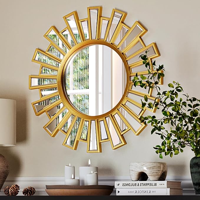 Gold Large Sunburst Wall Mirror - 24 inch Round Beveled Sun Mirror with Layered Metal Frame for Wall Decorative Modern Boho Wall Art for Entryway Bedroom Living Room Hallway Bathroom Dining Room