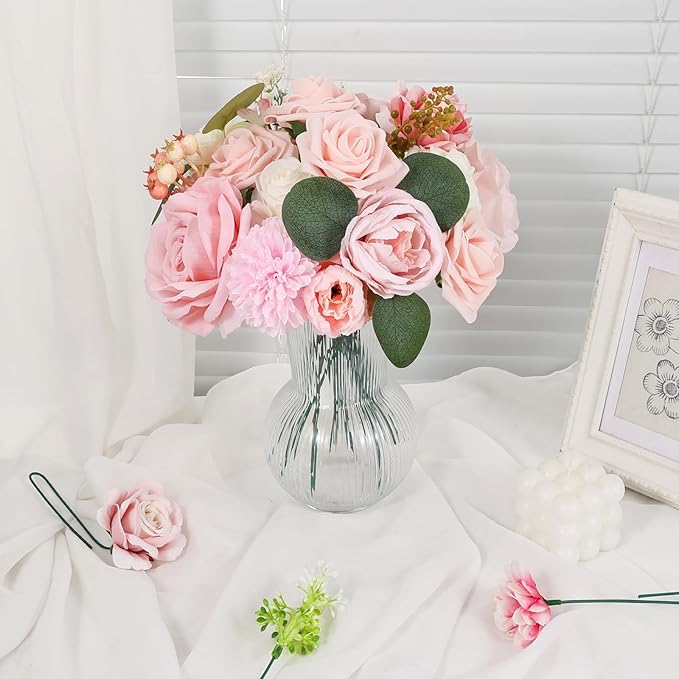 Artificial Flowers Combo Box Set Pink Roses Floral Fake Flowers Realistic Touch Flowers with Stems for Wedding Bouquets Table Centerpieces Home Decor