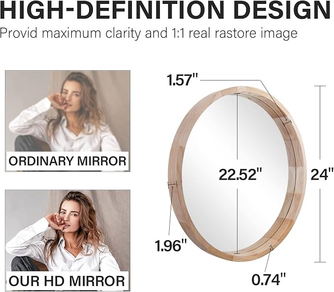 CONGUILIAO 24Inches Round Mirror Wood Wall Mirrors Decorative Circle Mirror, Nature Big Bathroom Large Vanity Mirrors for Living Room Bedroom Entryway Farmhouse