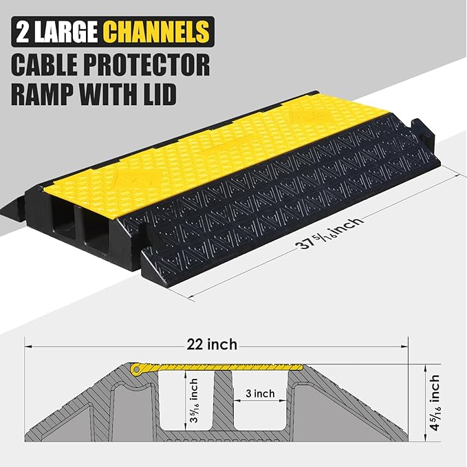 OranLite Large 2-Channel Rubber Floor Cable Protector Ramp, Heavy-Duty Floor Cable Wire Cord Cover Speed Bumps, Driveway Hose Cable Ramp Protective Cover (2 Large Channels)