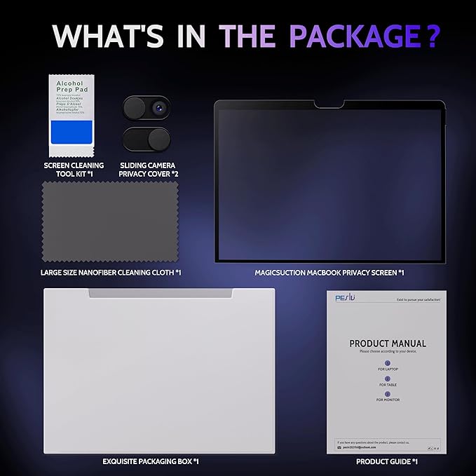 Peslv Privacy Screen for MacBook Air 13 Inch (2018-2021, M1) & MacBook Pro 13 In (2016-2022, M1, M2), MagicSuction™ Removable Anti Spy Black Protector, Glare Blue Light Filter for Mac Laptop Computer