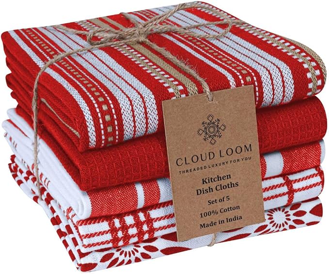 Assorted Kitchen Towels - Red Kitchen Towels, Set of 5, 16x26 in - Absorbent 100% Cotton Dish Towels with Hanging Loop - Waffle Weave Tea Towels for Drying Dishes, Glassware & Counters