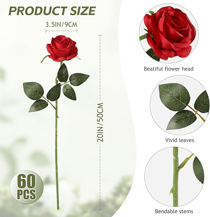 Kisflower 60 Pcs Red Roses Artificial Flowers Bulk, Silk Roses with Stems Real Look Artificial Red Roses for Decoration DIY Wedding Bouquet Bridal Shower Party Home Table Centerpieces Decor (Red)