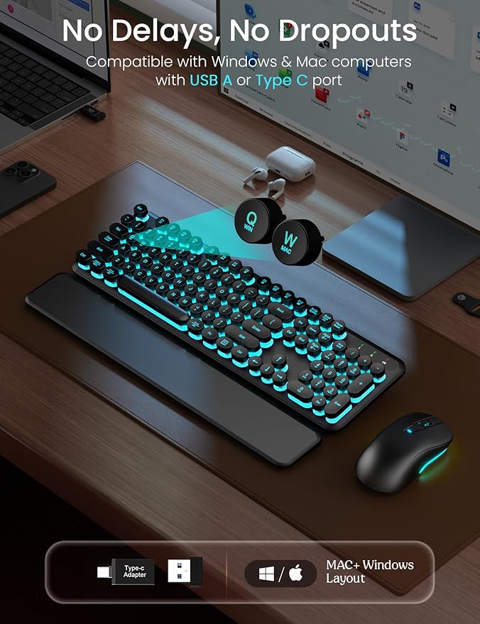 Wireless Keyboard and Mouse Backlit - Typewriter Keyboard with Magnetic Wrist Rest, Retro Round Keycaps, Light Up Letters, 2.4GHz Cordless Combo for Mac, Windows, PC, Laptop, Trueque [Upgraded]