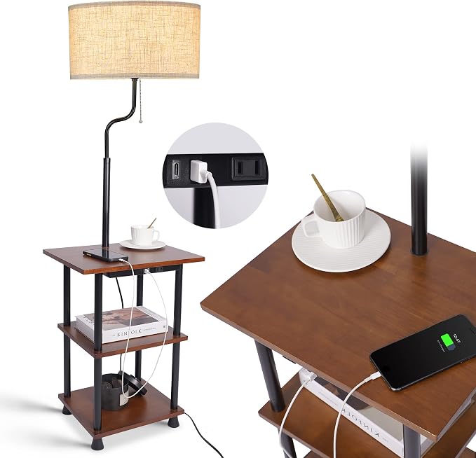 ELYONA Rubber Wood Floor Lamp with Table, Rustic End Table Lamp with USB & Type C Charging Port & Outlet, 3-Tier Shelf Nightstand Tall Standing Lamp for Living Room, Bedroom, Office, LED Bulb Included