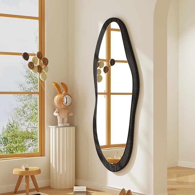 AAZZKANG Irregular Wall Mirror Full Length with Wood Framed Large 47"x20" Black Asymmetrical Full Body Mirrors for Bedroom Living Room Entryway