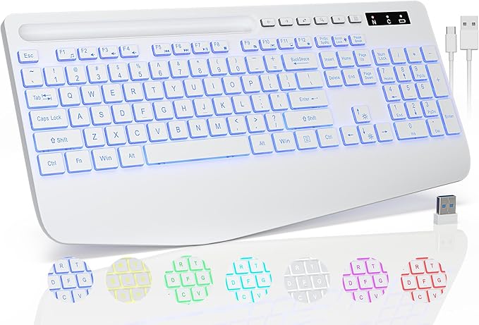 Trueque Wireless Keyboard with 7 Colored Backlits, Phone Holder, Wrist Rest, Rechargeable Ergonomic Keyboard with Silent Light Up Keys, Cordless Computer Keyboard for Windows, Mac, Laptop - (White)
