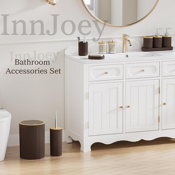 10PC Bathroom Accessories Set - Brown and Wooden Bathroom Sets, Bathroom Accessory Set with Pop Up Trash Can, Toilet Brush, Trash Can, Qtip Holder & Soap Dispenser