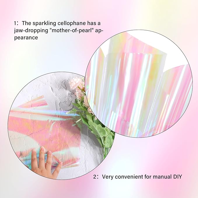 Marspark 39 x 138 Inch Iridescent Cellophane Wrap for Gift Baskets and 32.8 Feet Bendable Pink Aluminum Wire, Pink Iridescent Film Paper Holographic 11.5 Feet Wrapping Paper for DIY Crafts Treats