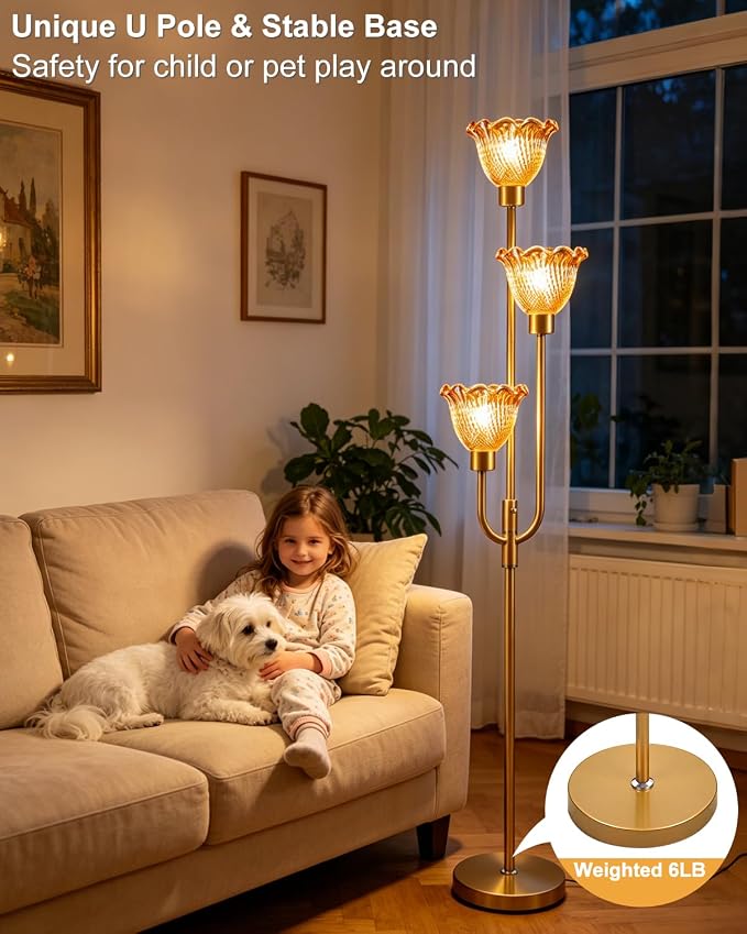 Lightdot 3-Lights Glass Floor Lamp 66IN Modern Gold Dimmable Floor Lamps with 3000K Warm White Bulbs for Wedding Party Tall Standing Lamp with Amber Glass Shade for Living Room/Bedroom/Home Decor