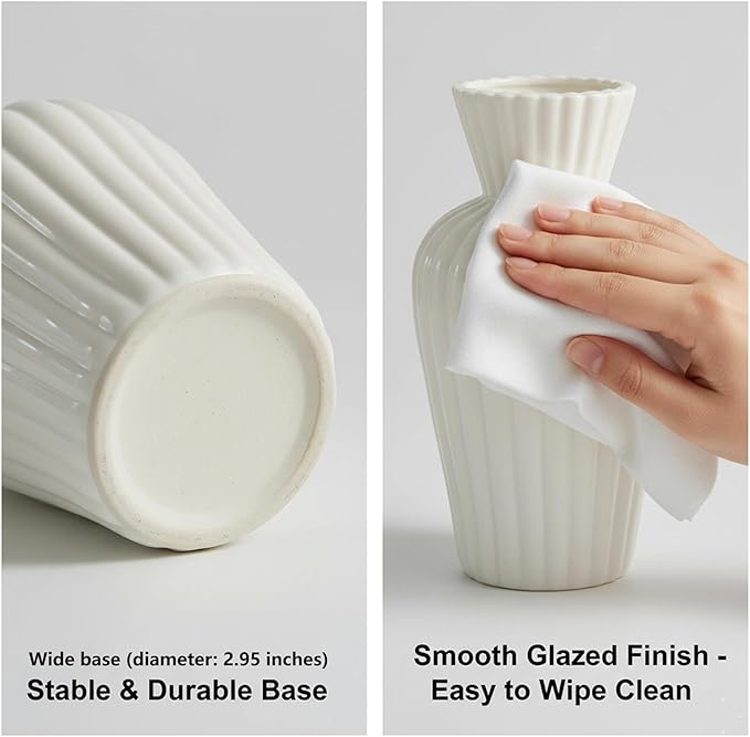 Minimalist White Ceramic Vase for Home Decor - 9.25" Modern Fluted Flower Bud/Table Centerpiece - Aesthetic Nordic Farmhouse Decorative Pottery for Living Room, Shelf, Wedding Gift