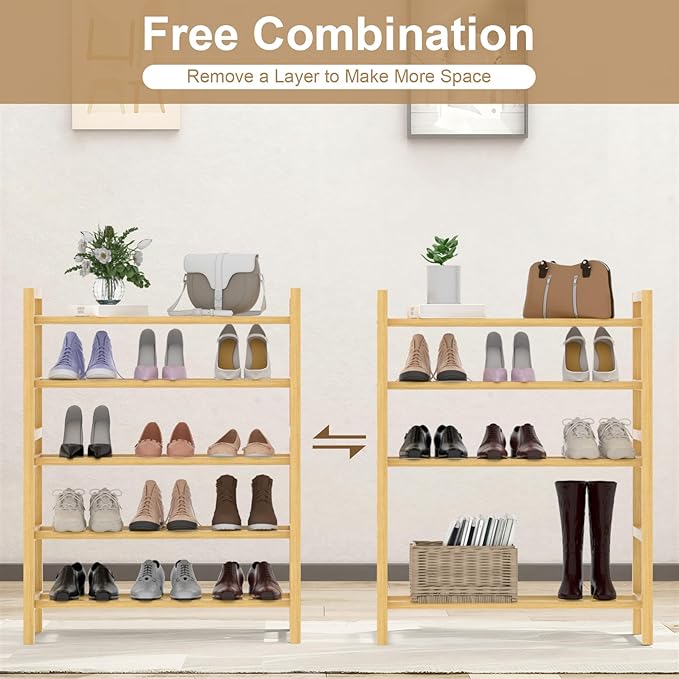 Haddockway Bamboo Shoe Rack for Closet, Free Standing Shoe Organizer with Smooth Round Rods & Convenient Handles, Stackable Shoe Storage Shelf for Entryway, Hallway(Natural, 5-Tier)