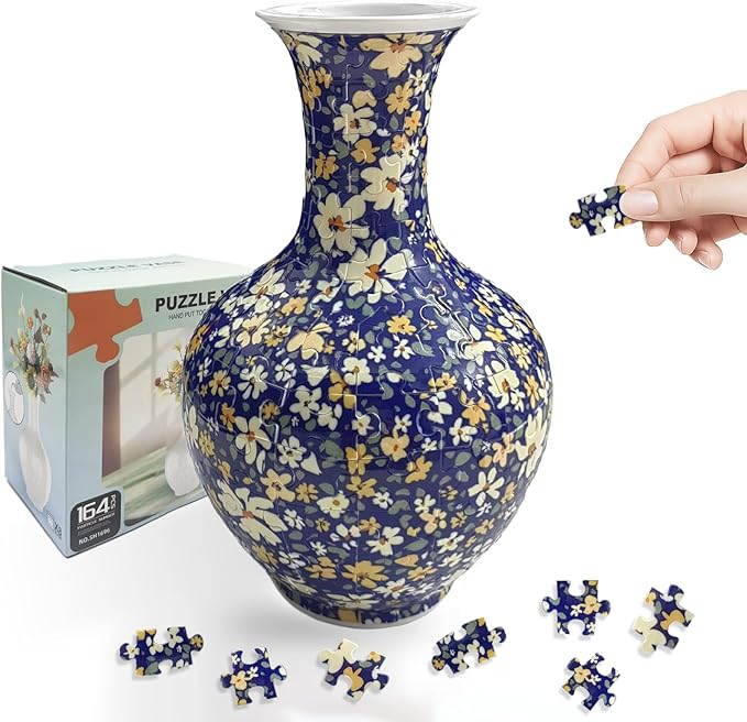 3D Puzzle Vase, 160 Curved Pieces DIY Flower Vase Craft Kit & 3D Puzzles for Adults, Creative Jigsaw Art Project Home Décor Centerpiece, for Women, Mom (Navy Floral Pattern)