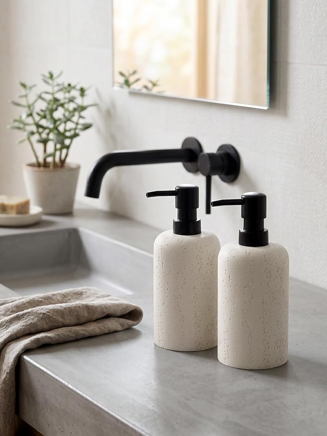 Soap Dispensers 400mL 13.5 OZ, 2 PCS Luxurious Hand Dish Lotion Shampoo Soap Dispenser Jar, Travertine Soap Bottles Rustproof Pump for Kitchen Bathroom Countertop