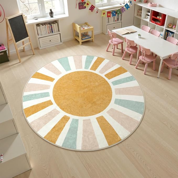 LIVEBOX Washable Boho Rug 6ft Large Round Rug for Nursery Room, Non-Slip Soft Throw Circle Rugs for Living Room, Colorful Rainbow Circular Rugs for Kids Room