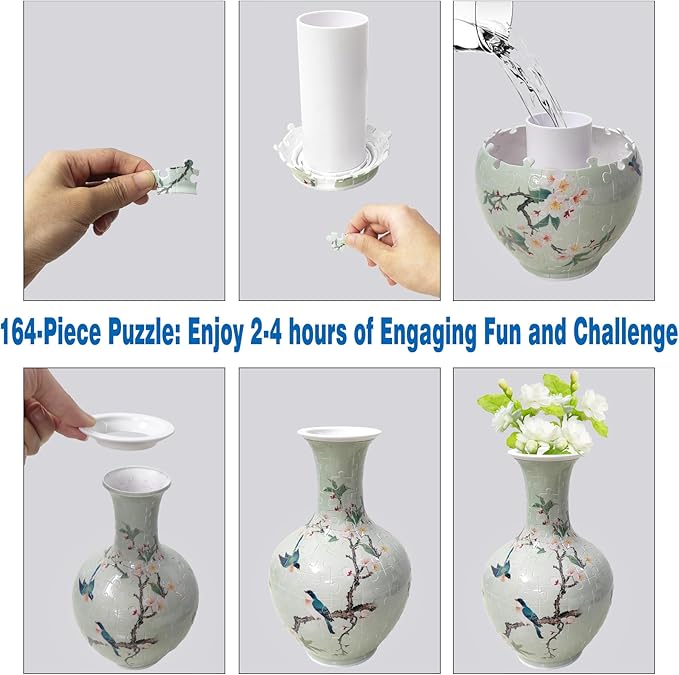 3D Puzzle Vase, 160 Curved Pieces DIY Flower Vase Craft Kit & 3D Puzzles for Adults, Creative Jigsaw Art Project Home Décor Centerpiece, for Women, Mom (Green Plum Blossom & Birds)
