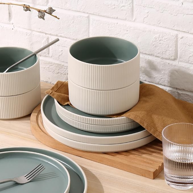 MONITO Ceramic Dinnerware Sets for 4, 12PCS Stoneware Plates and Bowls Sets, Reactive Glaze Dish Set, Chip and Scratch Resistant Double, Microwave and Dishwasher Safe, White Cyan