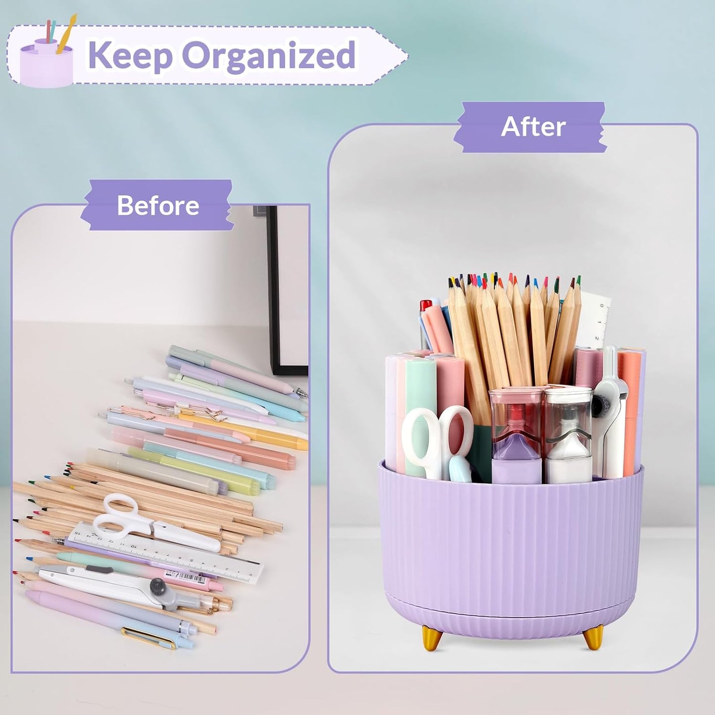 SKYDUE 360-Degree Rotating Pen Holder - 2 Pack Desktop Organizer with 5 Slots for Office & Home