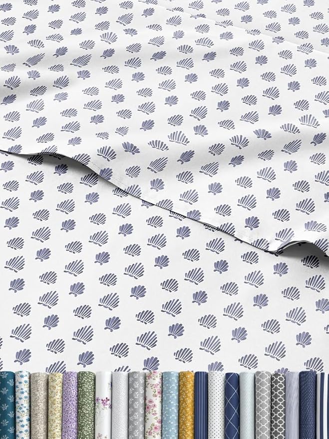 Coastal Bed Sheets - 1 Flat & 1 Fitted Sheet & 2 Pillowcases w/ Deep Pockets - Wrinkle & Fade Free Beach Themed Bed Set - Blue Sea Shell Bedding - Ultra-Soft, Breathable and Cooling - Queen Size