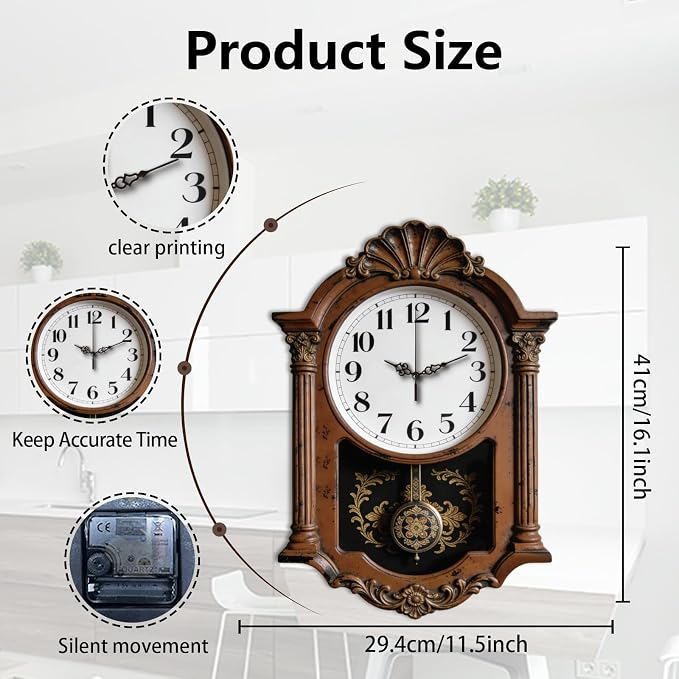 Retro Style Wall Clock Irregular Shape Decorative Brown Wall Clock Non-Ticking Clock for Home Office Decoration, 16.14×11.57 inch
