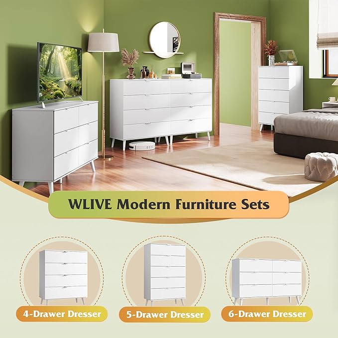 WLIVE 4 Drawer Dresser for Bedroom, Wooden White Tall Dresser, Modern Dressers with Sturdy Metal Handle, Small Chest of Drawers for Living Room, Hallway