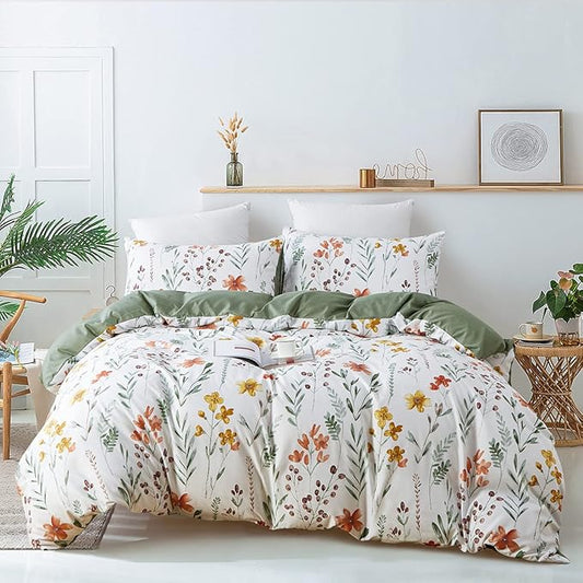 Nayoroom White Floral Duvet Cover King Size Green Botanical Leaf Yellow Flowers Printed Reversible Striped Bedding Set 3 Pieces Soft Microfiber Garden Style Comforter Cover with Zipper Ties