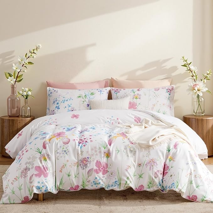 Nayoroom Floral Duvet Cover Set King Size Purple Pink Watercolor Flowers Green Plant Leaves Printed on White Comforter Cover 3Pcs Soft Microfiber Garden Style Bedding Set with Zipper Closure