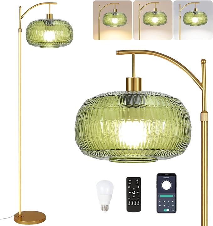 QIYIZM Glass Floor Lamp for Living Room,Bedroom,Gold Dimmable Standing Lamp with Remote,Green Mid Century Modern Brass Vintage Tall Lamp Floor Lamps Arc Boho Floor Light Lamp Bohemian