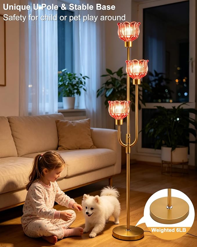 Lightdot 3-Lights Modern Glass Floor Lamp 66IN Gold Dimmable Floor Lamps with 3000K Warm White Bulbs for Wedding Party Tall Standing Lamp with Deep Red Glass Shade for Living Room/Bedroom/Home Decor