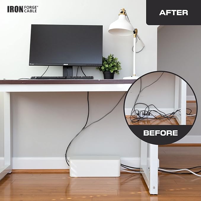 Iron Forge Cable Cable Management Box, 2 Pack - White Cord Organizer and Hider for Wires, Power Strips, Surge Protectors & More - Includes Sleeve Cables, Hook and Loop Keepers, Zip Ties & Clips
